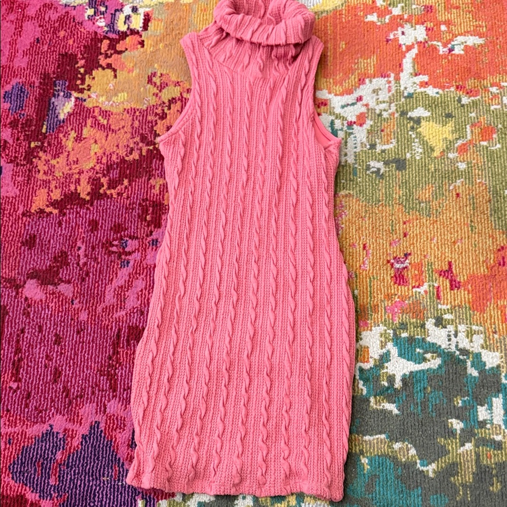 Sleeveless Cable Knit Turtleneck Dress - Pink